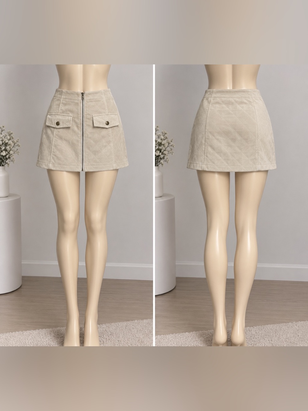 High-Waist Quilted Mini Skirt in Cream with Front Zip